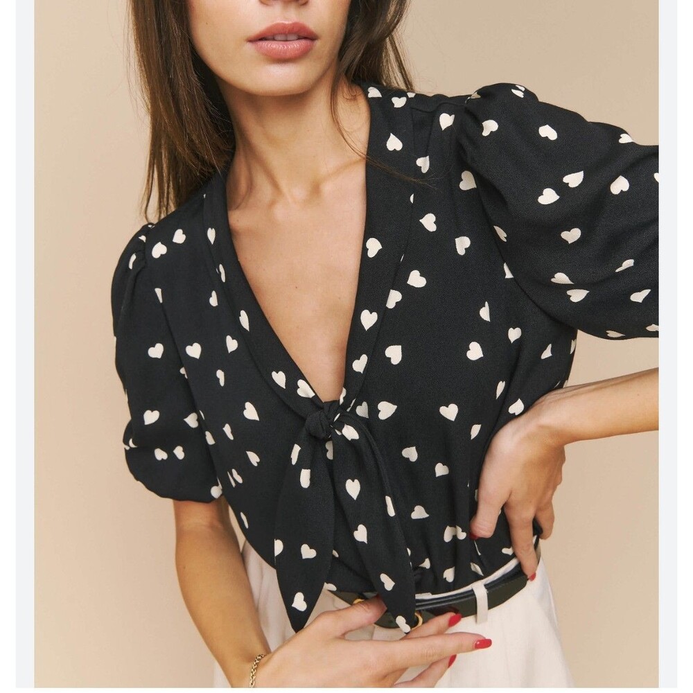 Reformation Heart Print Blouse Romantic Tie Neck Coastal Grandma Puff Sleeve XS